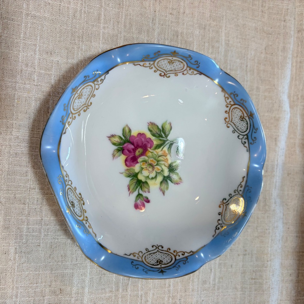 Ucagco China Footed Trinket Dish Occupied Japan Blue Gold Floral Scalloped 6"